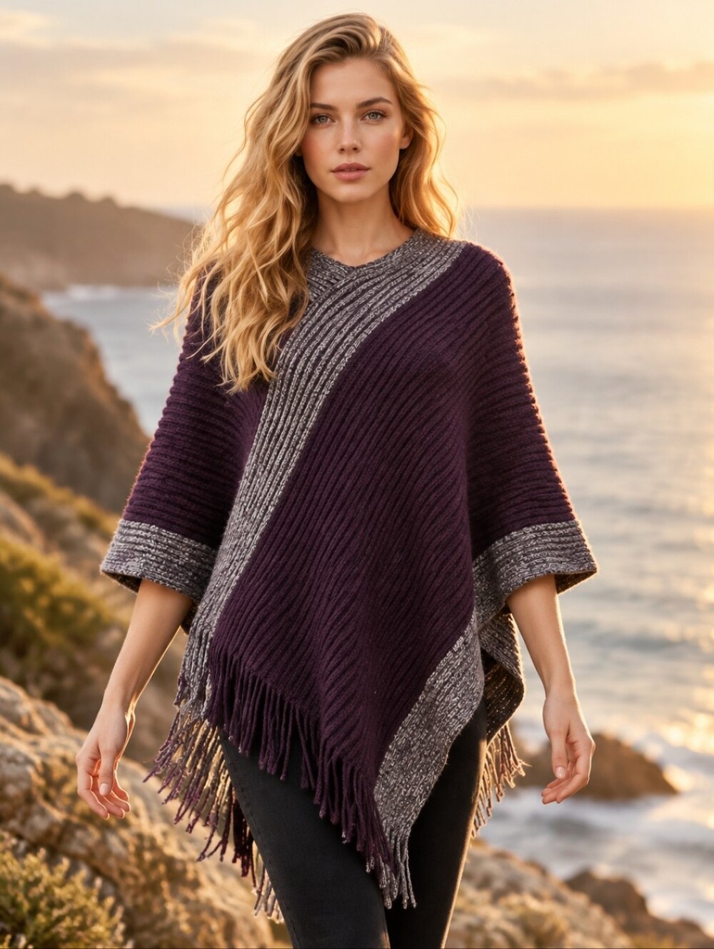 Anagram Asymmetrical Fringe Poncho Morad Plum One Size NEW